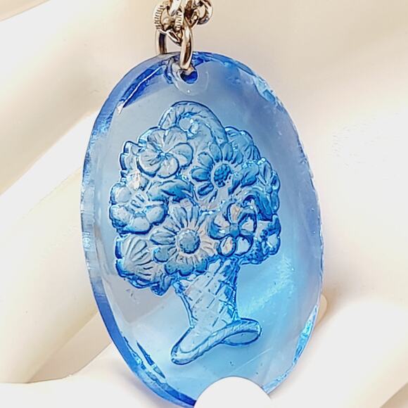 Vintage Blue Glass Intaglio Basket Pendant Necklace 24” Silver Chain - Picture 10 of 10